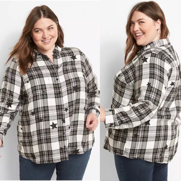Lane Bryant No-Peek Button-Front Plaid Star Print Top Shirt NWT - Picture 12 of 13